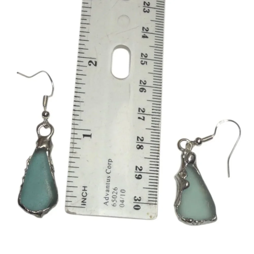 Handmade Sea Glass Earrings With Artisan Silver Blend Cabochons & 925 Hooks - Picture 7 of 13